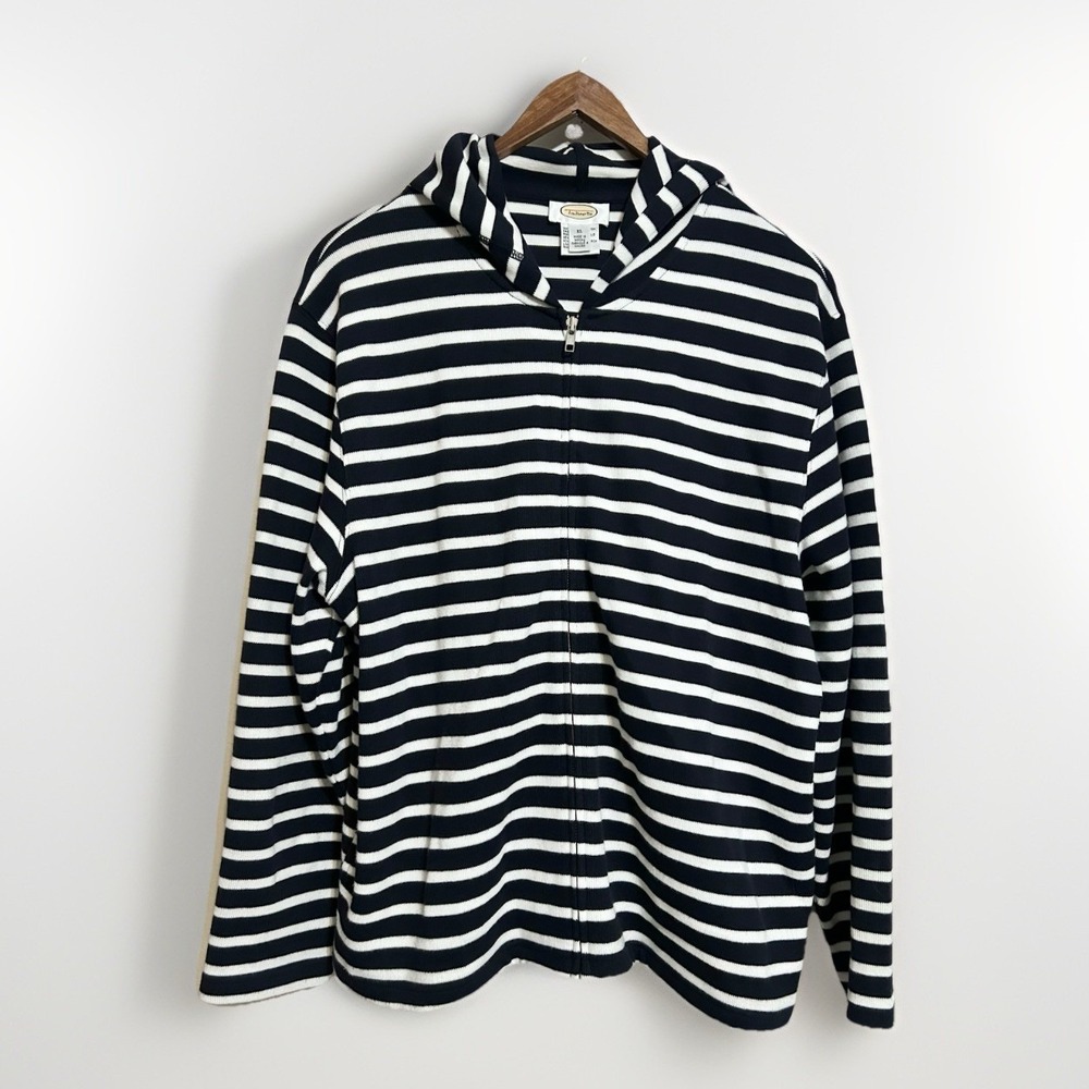 Talbots Jacket XL Navy White Striped Full Zip Stretchy Knit Preppy Nautical
